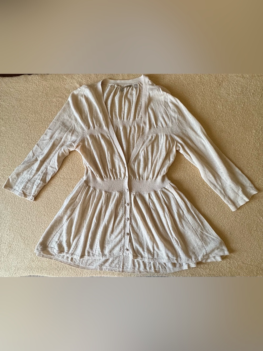 Knitted & Knotted by Anthropology Oatmeal  Button-Front Cinched Waist Cardigan